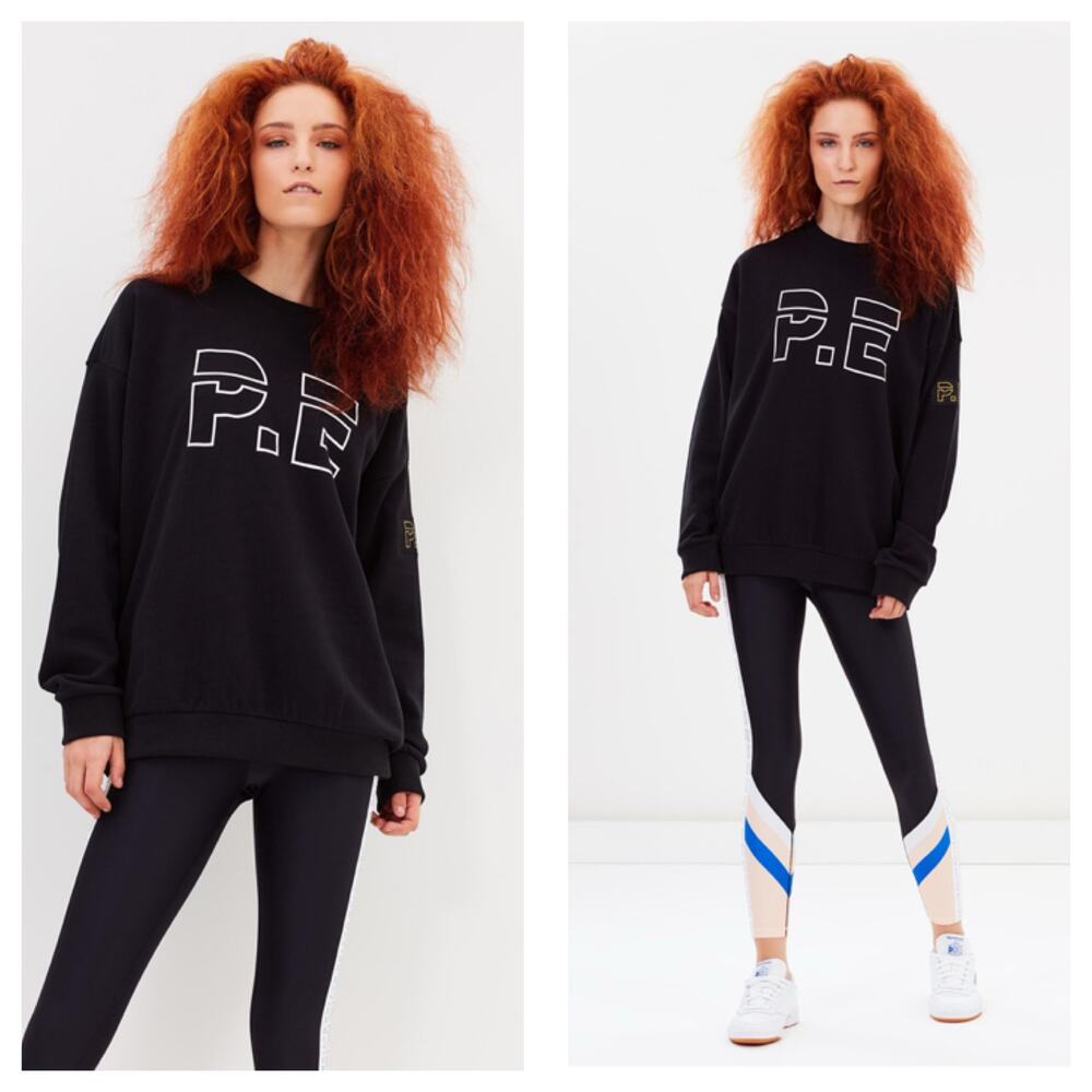 P.E. Nation Heads Up Sweatshirt Size XS Black Oversized Logo Pullover Crewneck